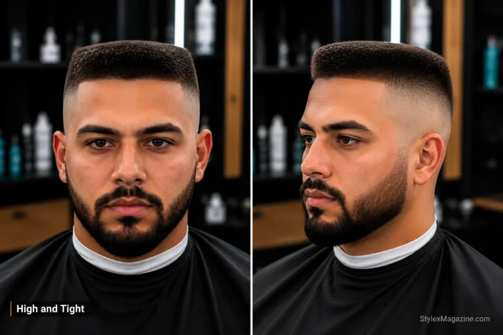 High and tight fade haircut with very short flat top and high fade sides blended from above temple level