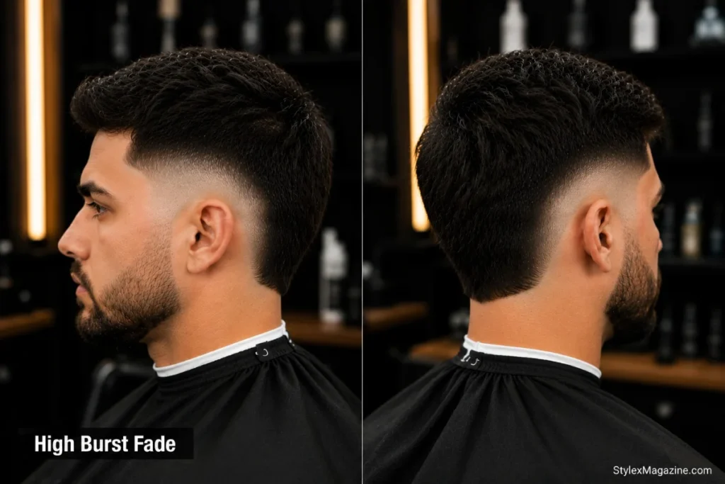 High burst fade haircut with arc above the temples creating maximum contrast with longer hair preserved at the back
