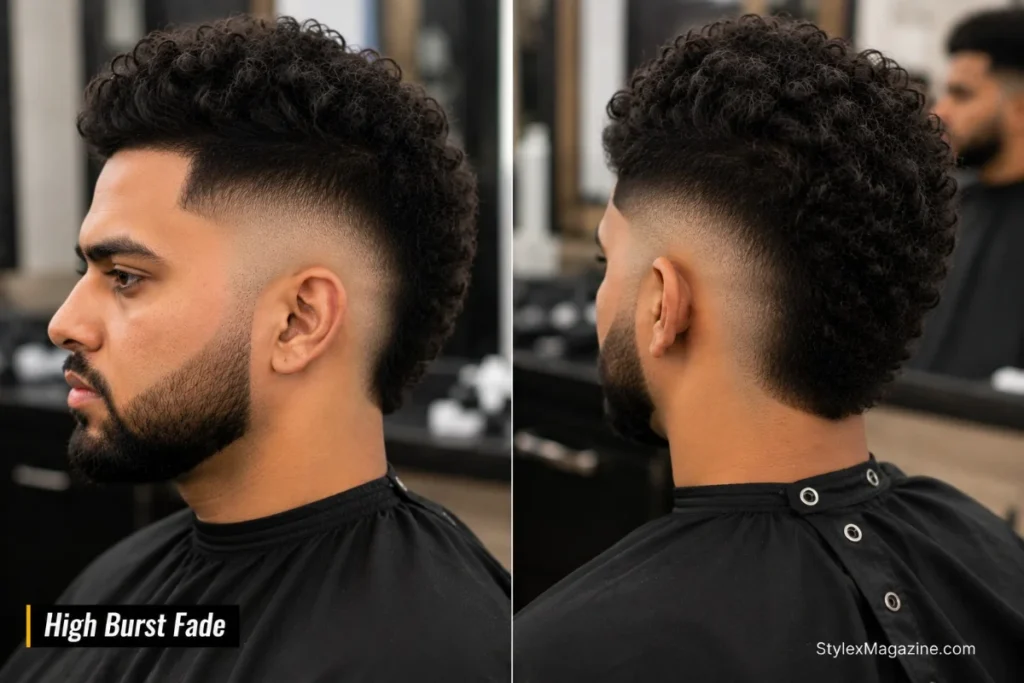 High burst fade haircut with semi-circular arc radiating around the ear from above temple level, curly hair styled into mohawk on top