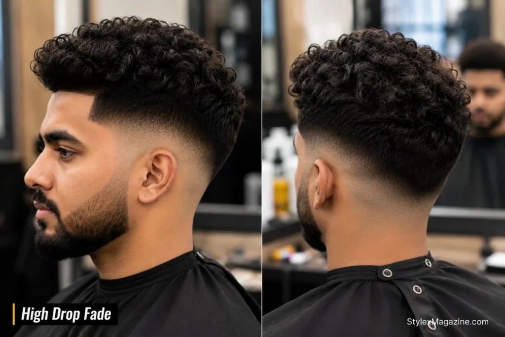High drop fade haircut with fade line curving downward behind the ear from above temple level, side and back view