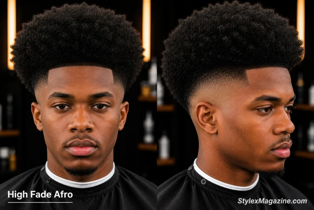 High fade afro on a Black man showing maximum contrast between tight skin-close faded sides and full natural afro volume on top