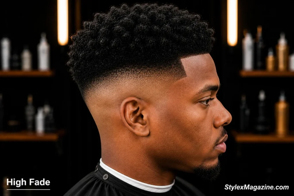 9. High fade on a Black man showing bold fade starting above the temples with maximum contrast and dense coily hair on top