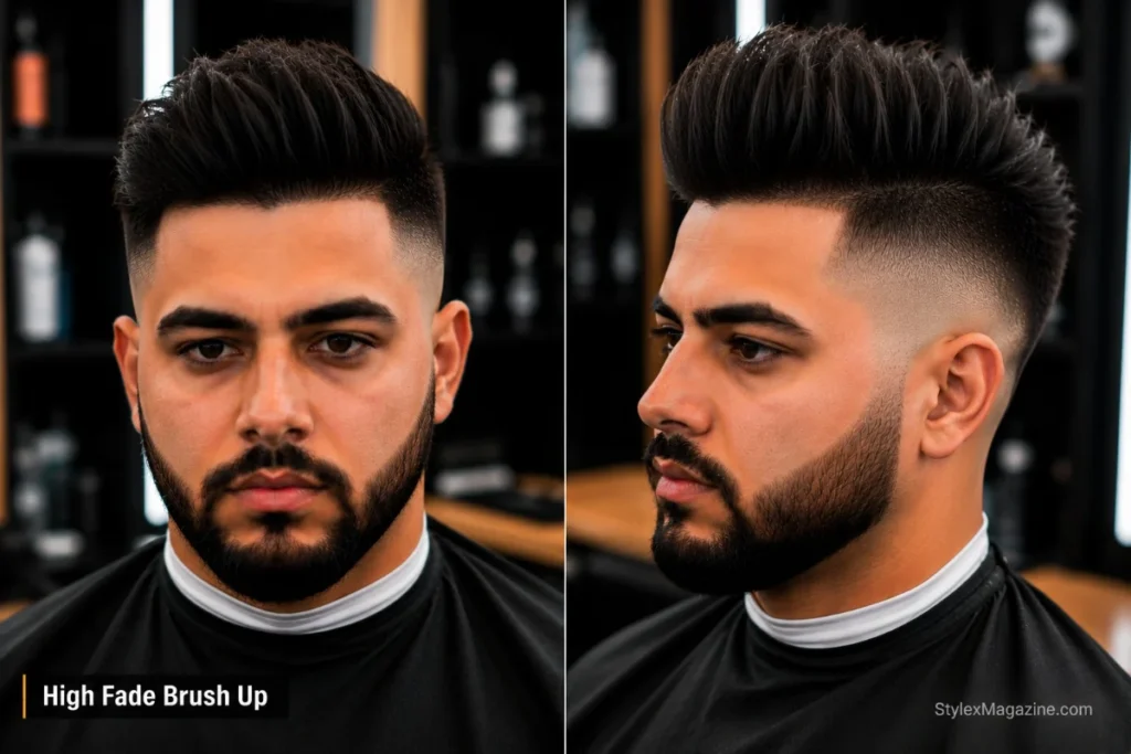 26. High fade brush up haircut with hair blow-dried upward for height and volume, tight high fade sides from above temple level