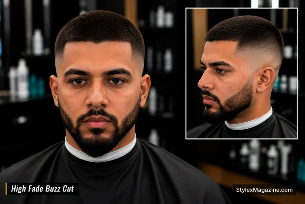 High fade buzz cut with uniform short hair on top and tight high fade sides showing significant skin from above temple level