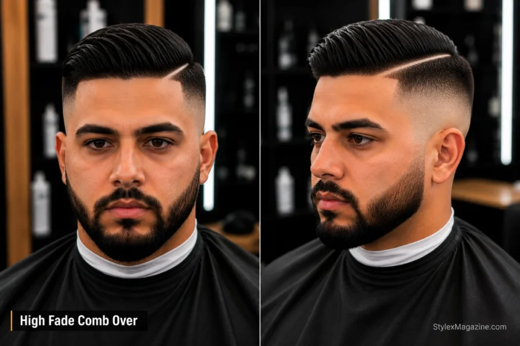 High fade comb over haircut with hard part shaved above the temple and hair combed across, tight high fade on both sides