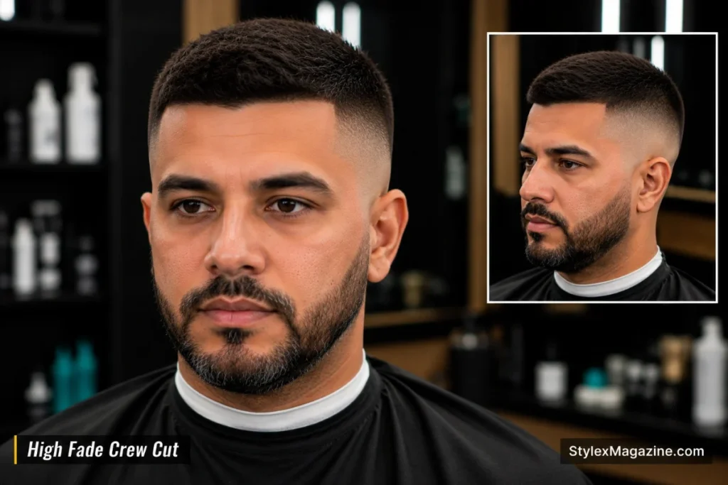 High fade crew cut haircut with short even top slightly longer at front and tight high fade sides from above temple level