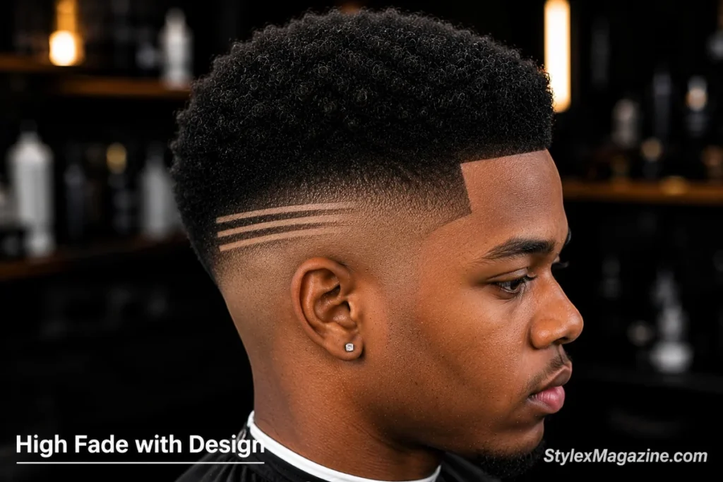 High fade on a Black man with geometric lines shaved into the faded area on the sides and sharp lineup at the front