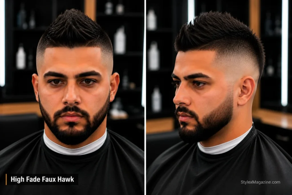 23. High fade faux hawk haircut with hair styled upward along center without fully shaved sides, tight high fade from above temple level