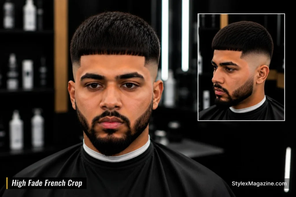 High fade French crop haircut with straight blunt fringe just above eyebrows and tight high fade sides from above temple level