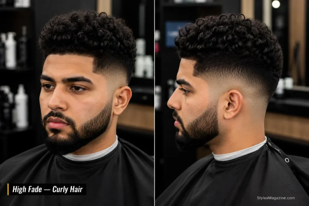 9. High fade haircut on a man with natural curly hair on top, clean curl to fade transition starting above temple level