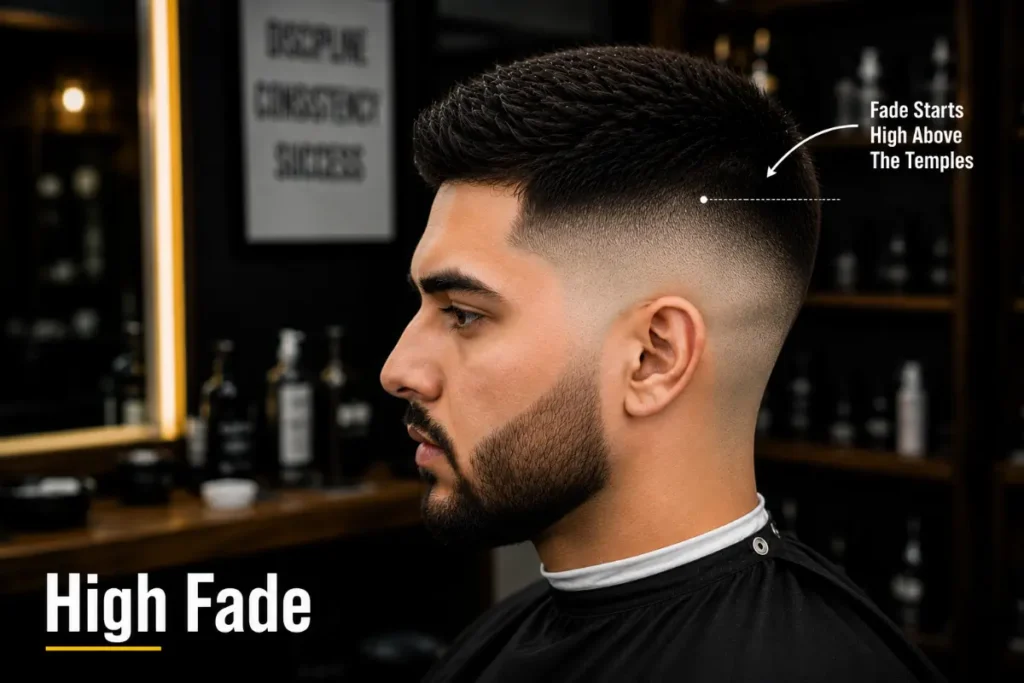 High fade haircut showing bold fade starting above the temples with maximum skin visible making hair on top the focal