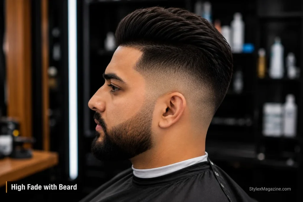 24. High fade haircut connected into a full beard with careful sideburn blend bridging the larger gap between high fade and beard line