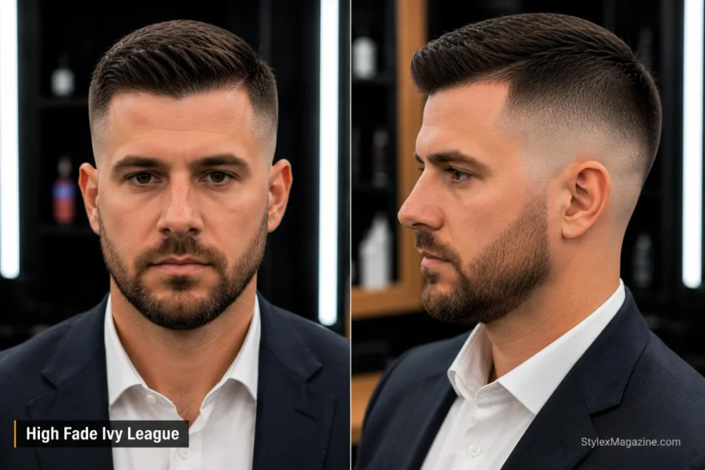 High fade Ivy League executive cut with short polished top longer at front natural side part and tight high fade from above temple level