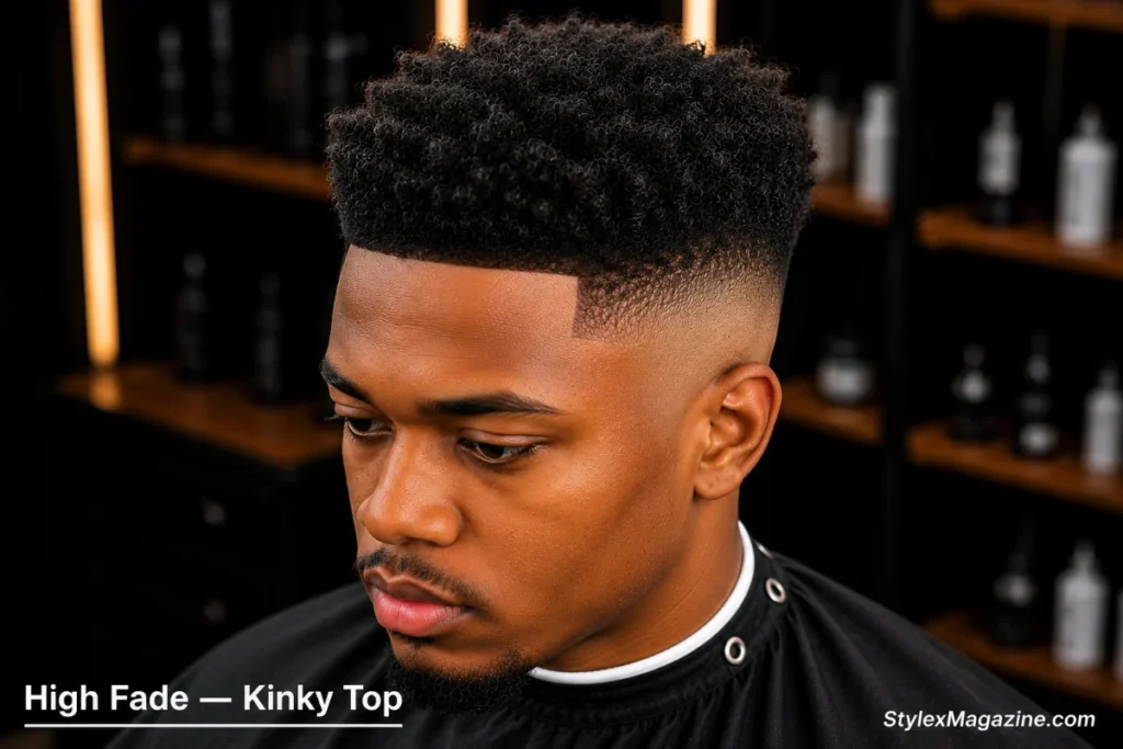 High fade with kinky top on a Black man showing bare skin sides against dense natural 4B or 4C kinky texture on top