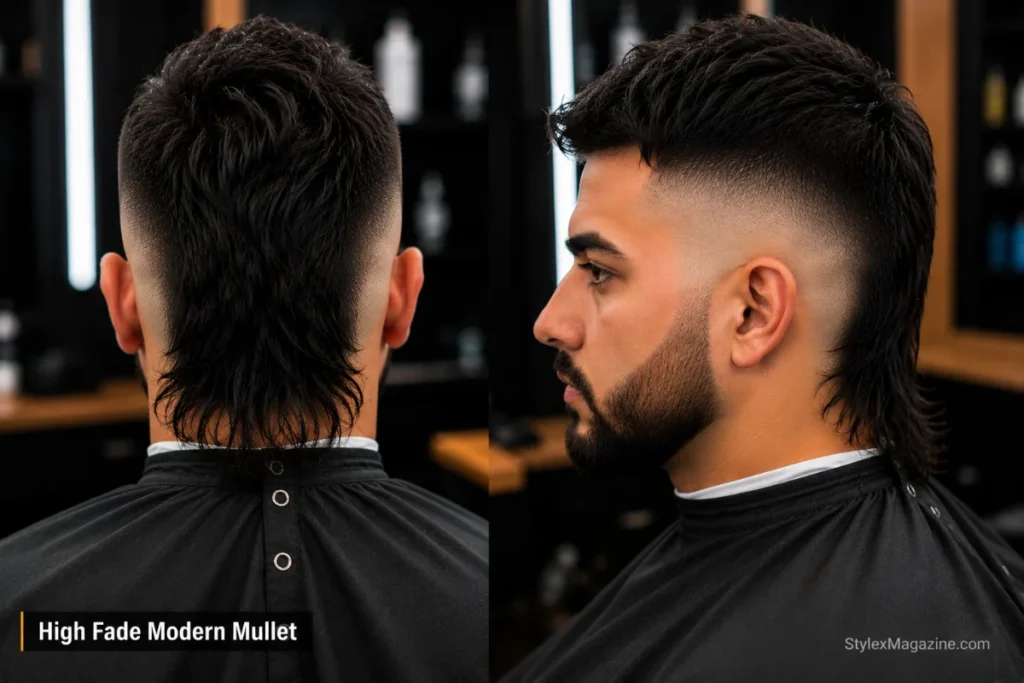 High fade modern mullet with short hair on top, longer at the back and tight high fade sides from above temple level