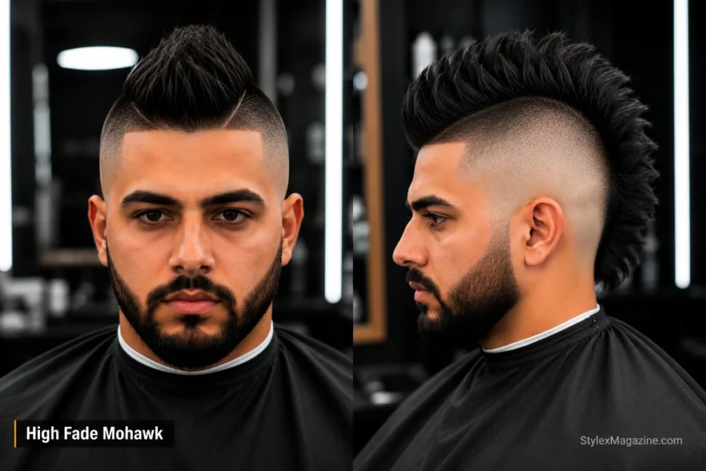 High fade mohawk haircut with strip of longer textured hair down the center and almost entirely shaved sides from above temple level