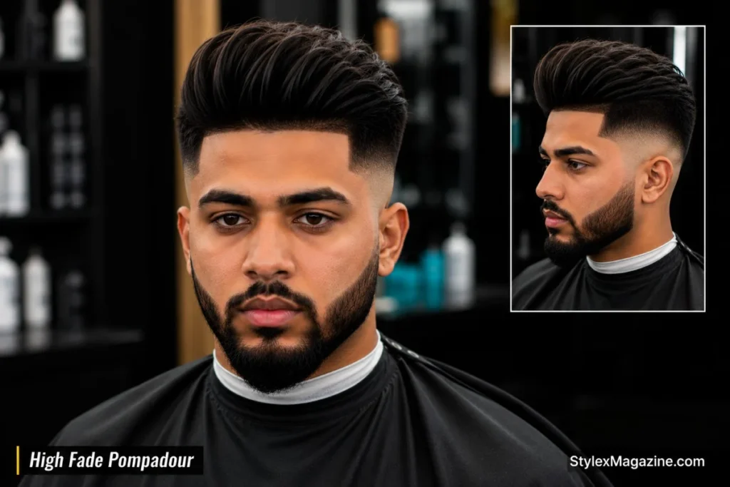 High fade pompadour haircut with volume swept back on top and tight high fade sides from above temple level