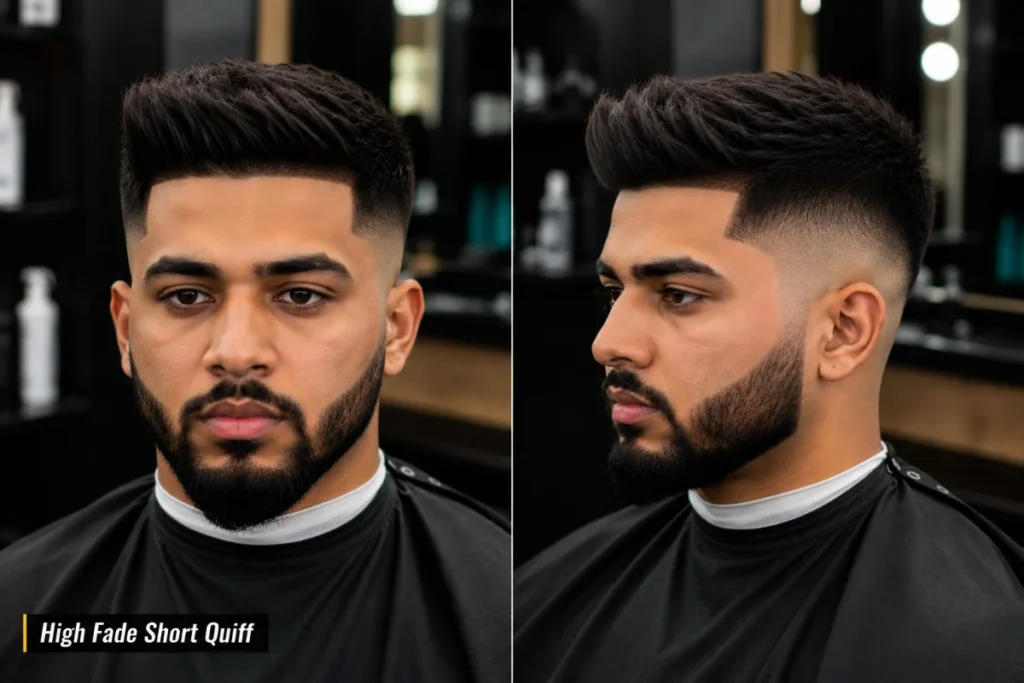 High fade short quiff haircut with volume pushed forward and up at front, tight high fade sides from above temple level