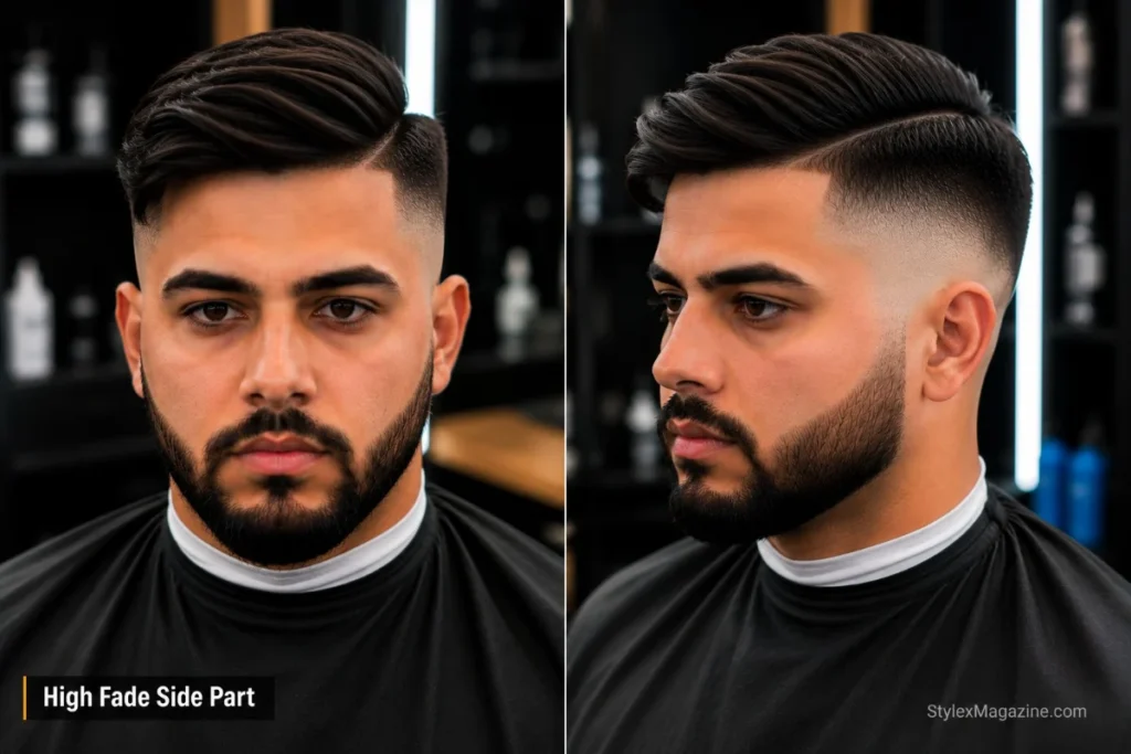 High fade side part haircut with natural hair parting on one side and tight high fade on both sides from above temple level