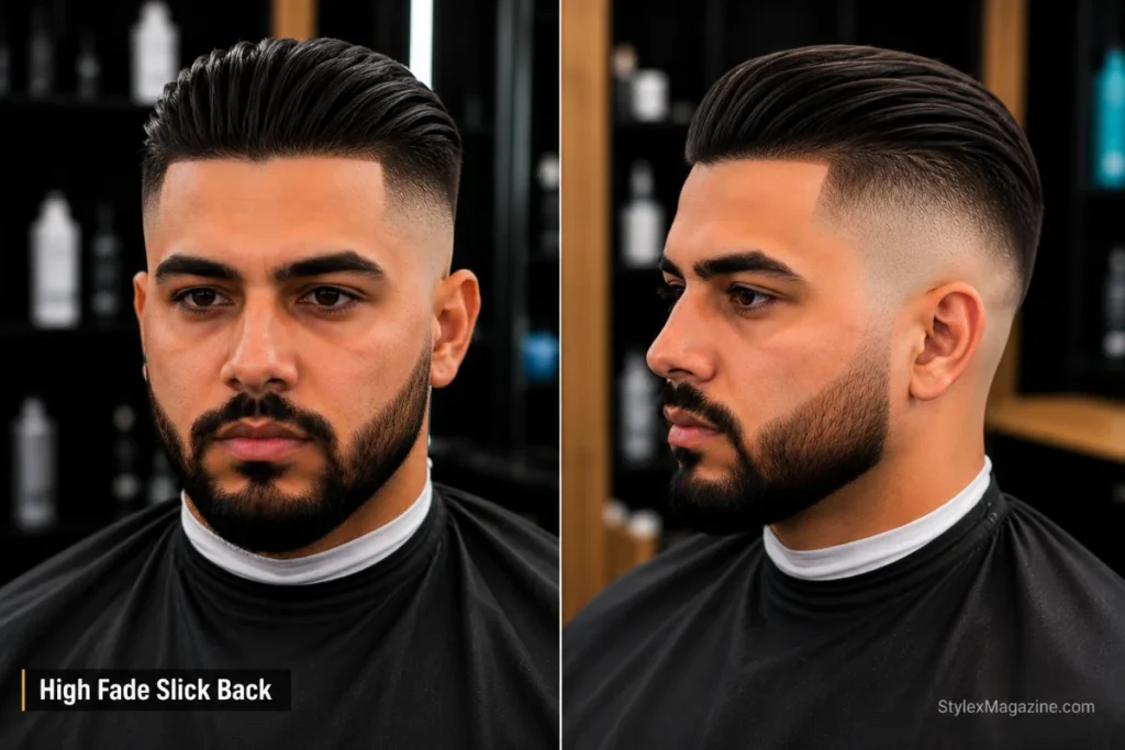 High fade slick back haircut with hair combed straight back on top and tight high fade sides from above temple level