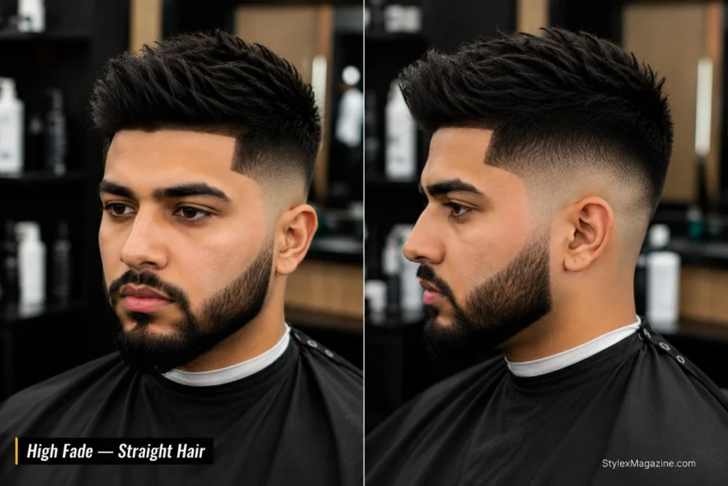 High fade haircut on a man with straight point-cut textured hair on top, sharp precise fade lines from above temple level