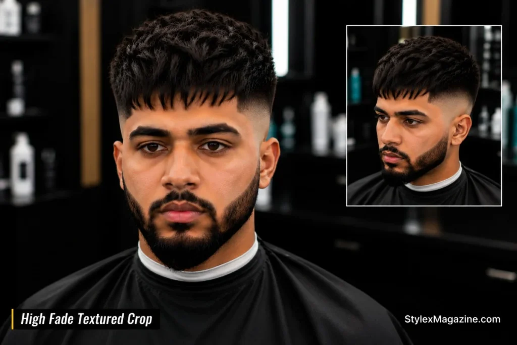 High fade textured crop haircut with choppy layers pushed forward and tight high fade sides from above temple level