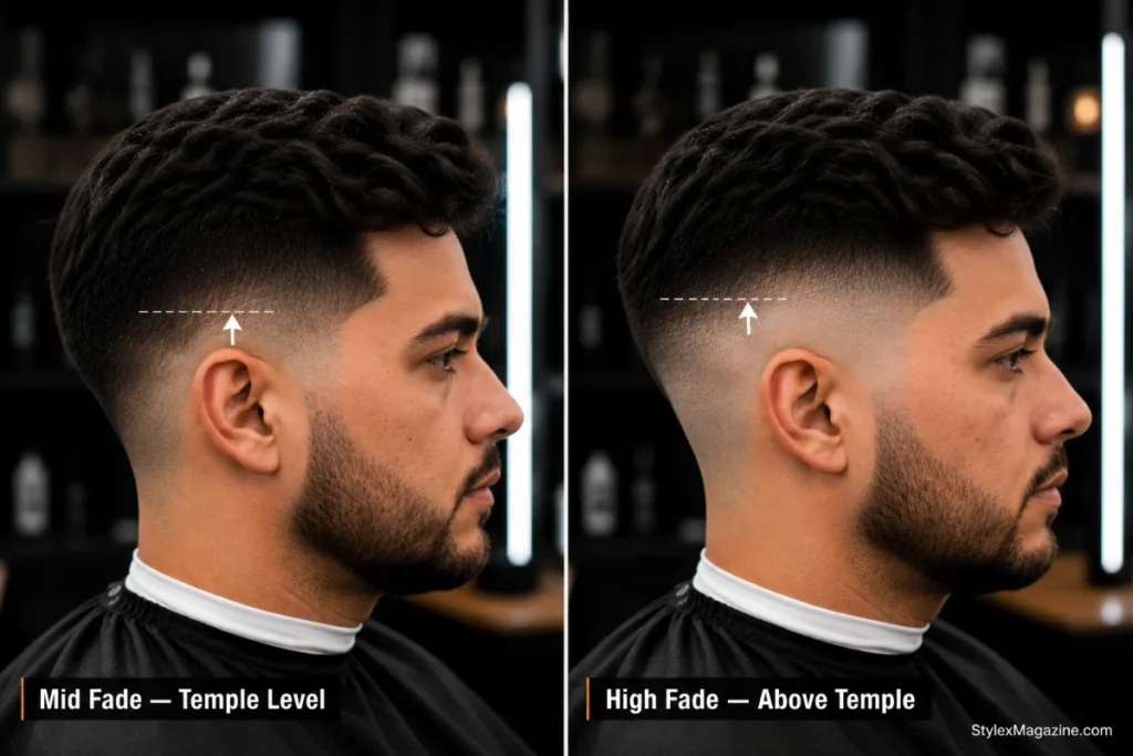 High fade vs mid fade side by side showing the difference between temple level mid fade and above temple high fade