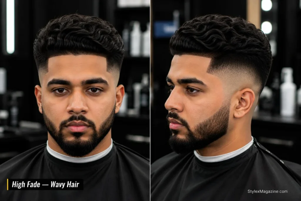 10. High fade haircut on a man with natural wavy hair on top standing out clearly against tight faded sides from above temple level