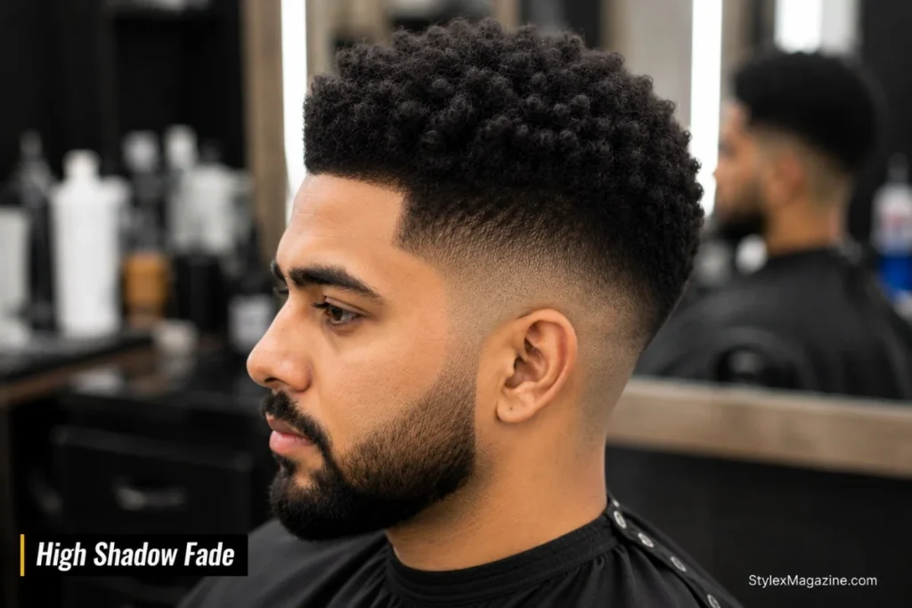 High shadow fade haircut showing dark to light gradient stopping at stubble from above temple level, coily hair on top