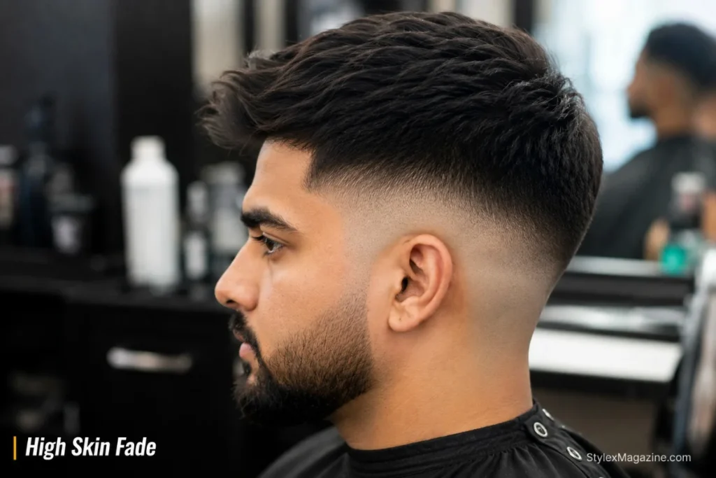 High skin fade haircut showing bare skin at the base from above temple level, thick dense hair on top