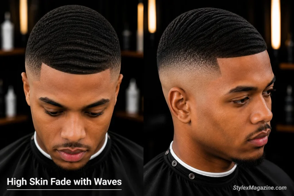 High skin fade on a Black man with 360 waves showing diagonal fade line following the natural hairline direction