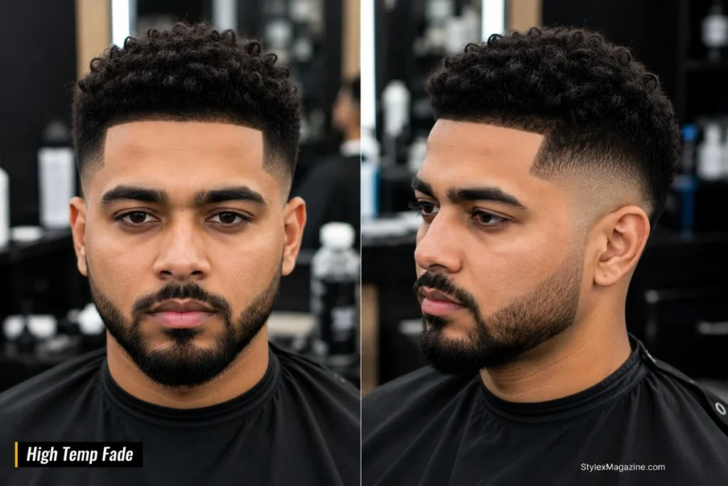 6. High temp fade haircut with sharp precise fade around temples and hairline at high height, longer hair at the back