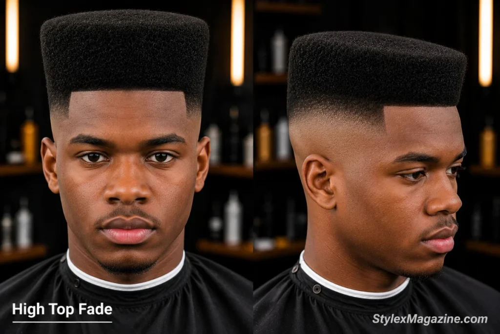 High top fade on a Black man with sides faded to skin and top shaped into a tall flat boxy rectangular structure