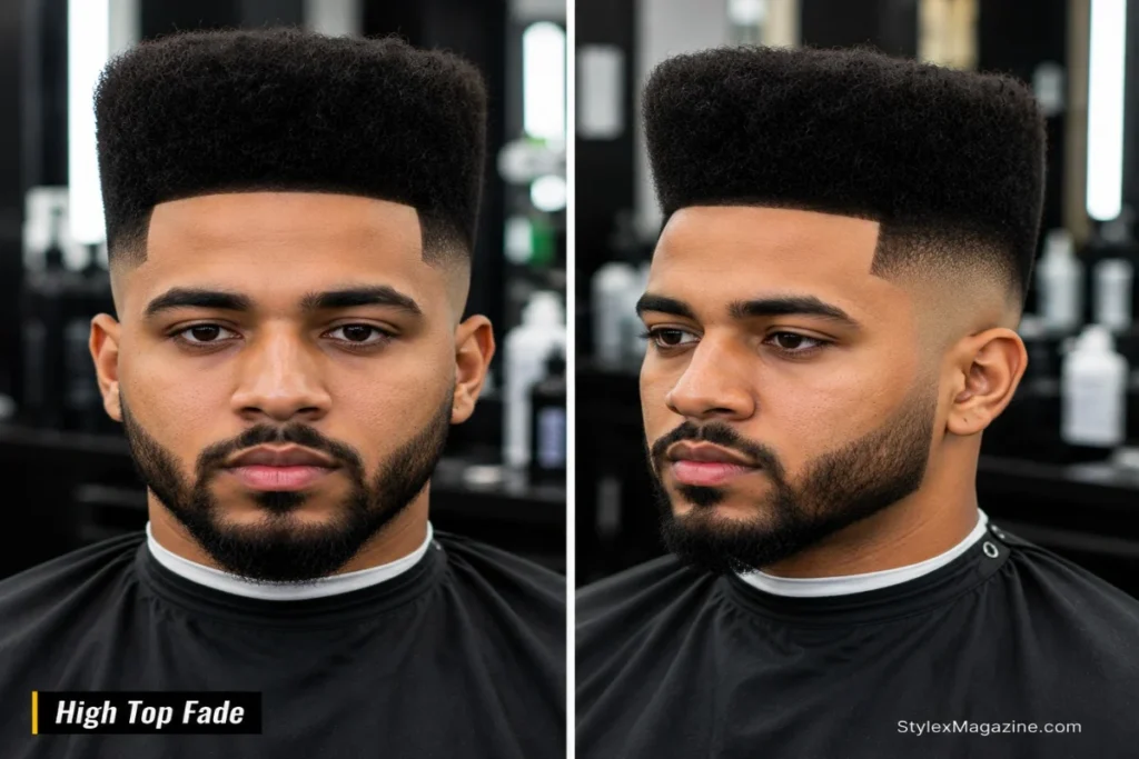High top fade haircut with sides faded to skin and top shaped into a tall boxy rectangular structure, Black man with 4C coily hair