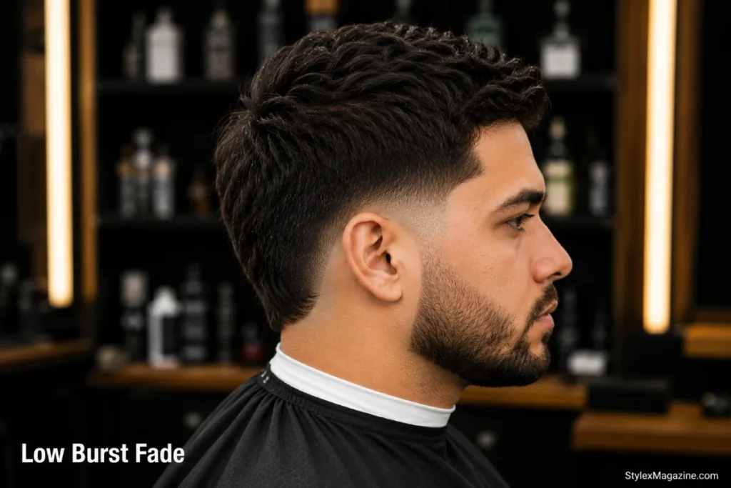 Low burst fade haircut showing subtle arc just above the ear with soft contrast and longer hair at the back