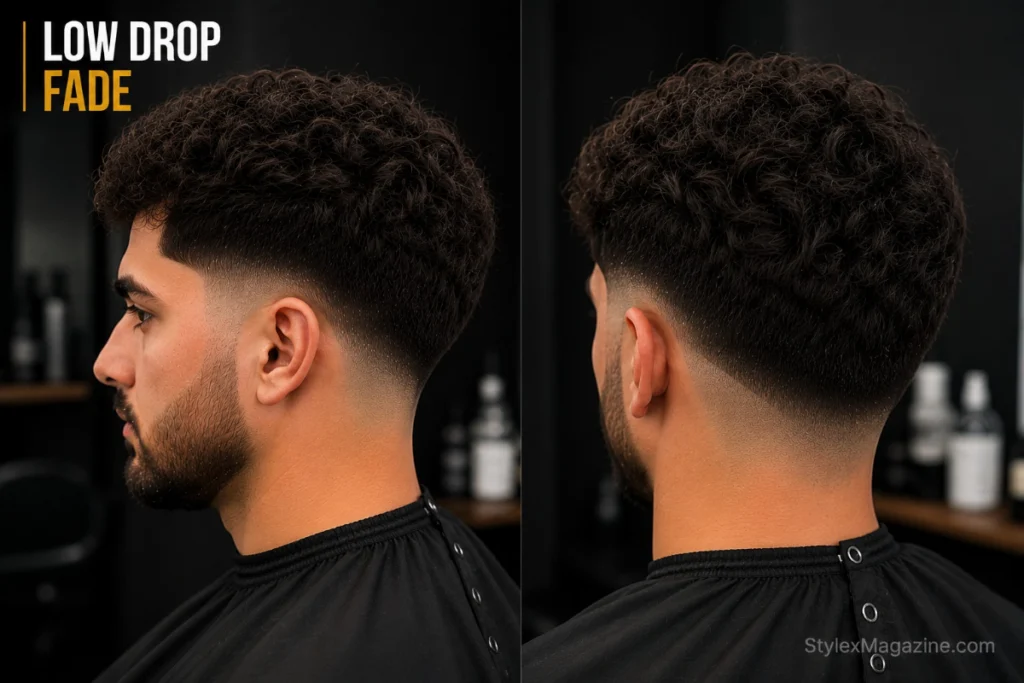 Low drop fade haircut with fade line curving downward behind the ear, side and back view