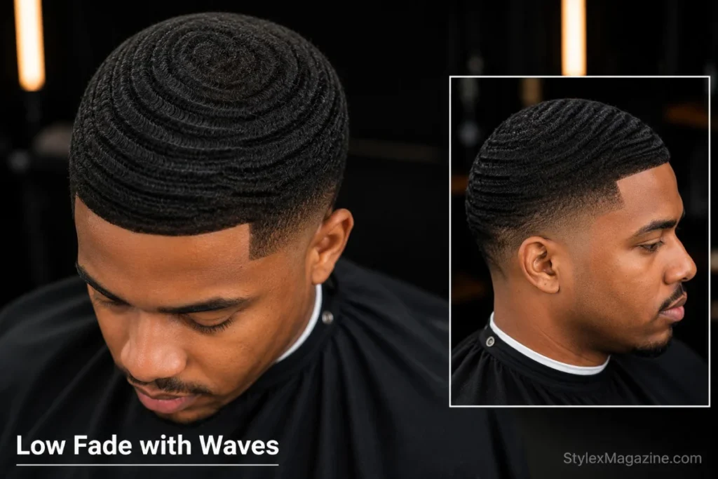 Low fade haircut on a Black man with 360 waves on top showing wave pattern clearly against clean low faded sides