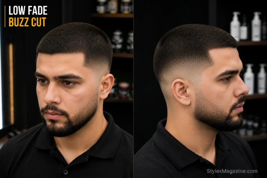 Low fade buzz cut showing uniform short even length across entire top, low fade sides creating the only shape and definition