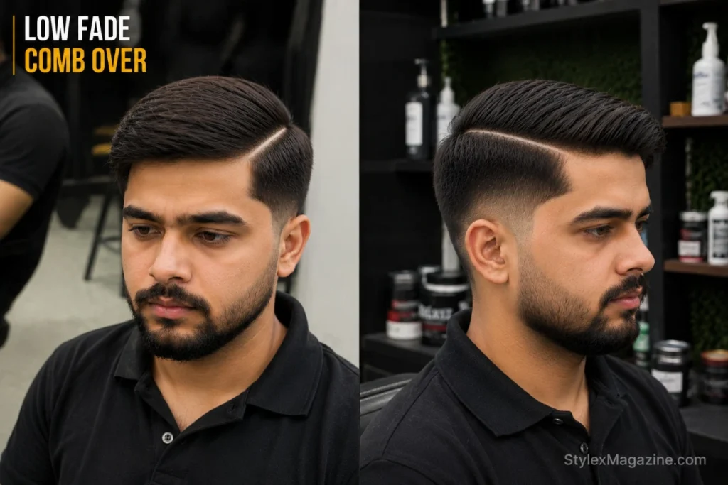 Low fade comb over showing razor-shaved hard part line on left side with hair combed flat across to right, clean low fade sides