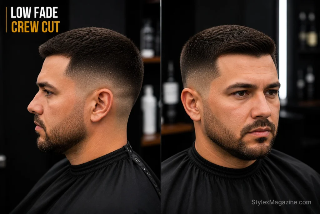 Low fade crew cut showing short uniform top slightly longer at front tapering to crown, with clean low fade sides — a professional structured shape