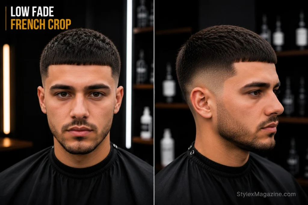 Low fade French crop showing perfectly straight blunt horizontal fringe — clearly different from textured crop, clean low fade sides