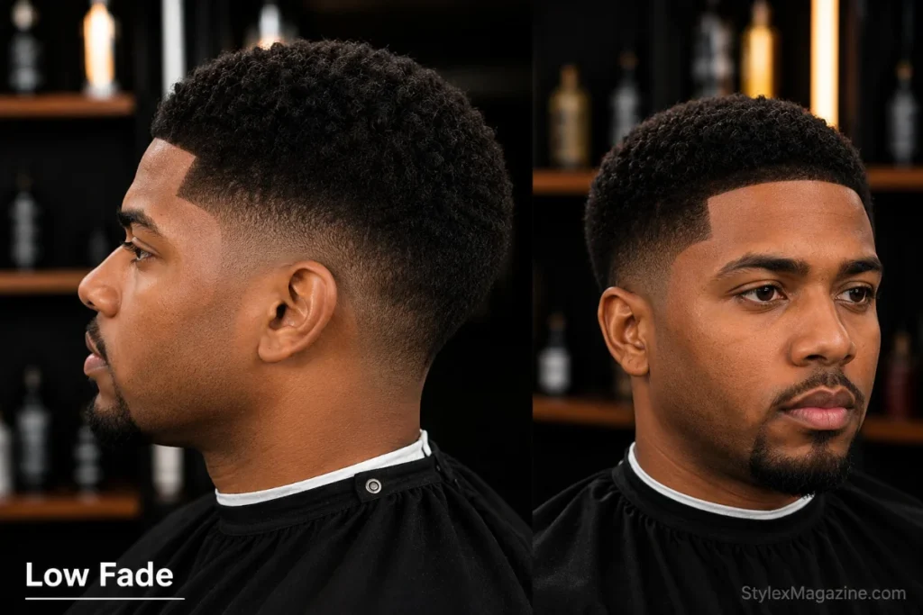 Low fade haircut on a Black man showing clean subtle fade line just above the ear with full natural hair on top