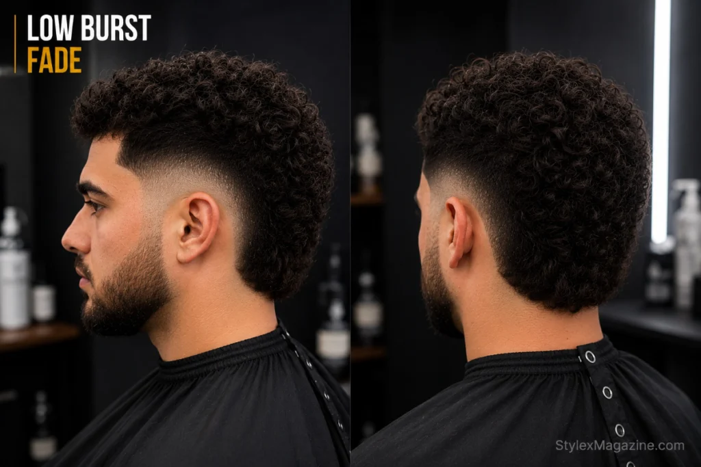 Low fade on curly hair showing natural curls on top with scissor-over-comb curl-to-fade transition — no harsh line between curls and fade