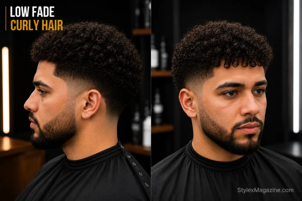 Low fade on curly hair showing natural curls on top with scissor-over-comb curl-to-fade transition — no harsh line between curls and fade
