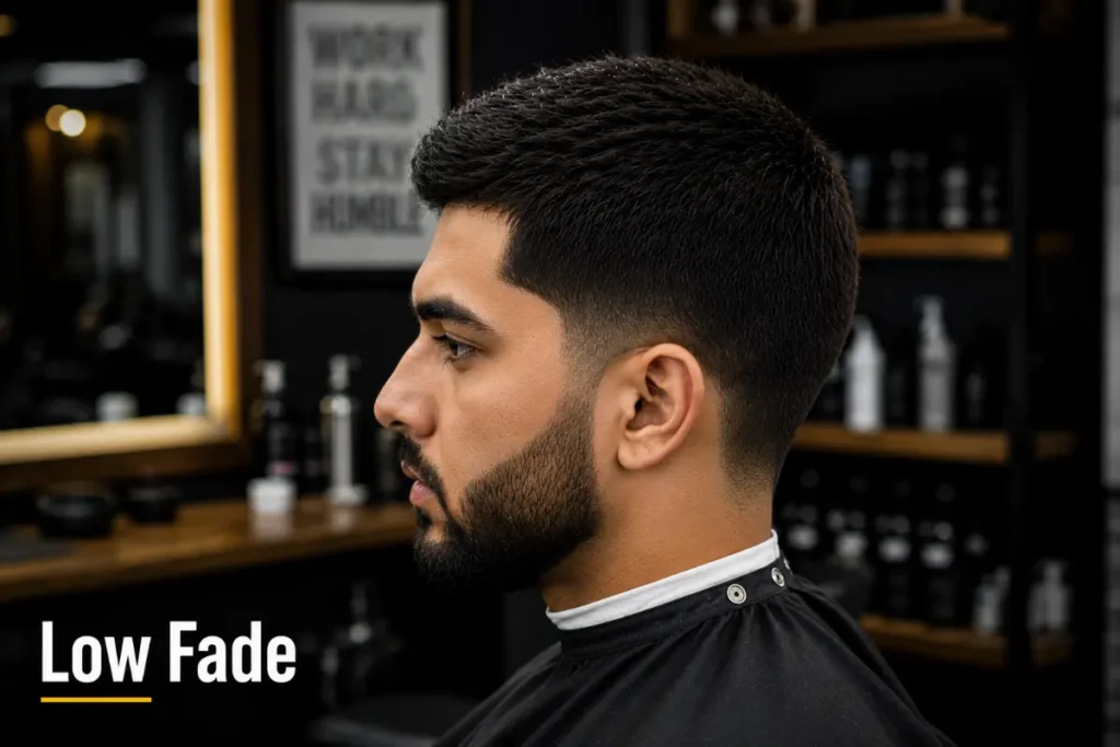 Low fade haircut showing subtle fade starting just above the ear with most side hair still visible and minimal contrast