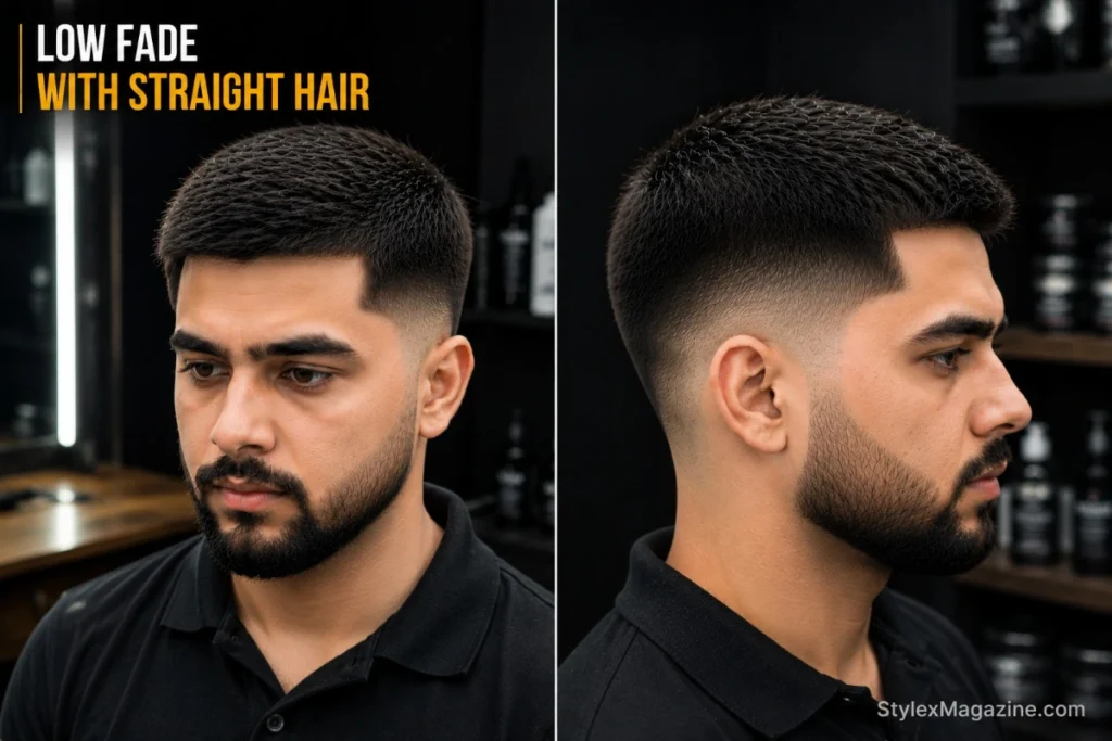 Low fade on straight hair showing sharp precise fade lines unique to straight hair texture, point-cut texture on top preventing flat look