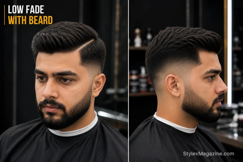 Low fade connected into full beard showing seamless sideburn blend with no visible gap or hard line between fade and beard