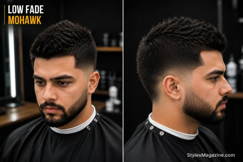 Low fade mohawk showing defined central strip of longer hair from front to back with fuller low fade sides compared to high fade mohawk