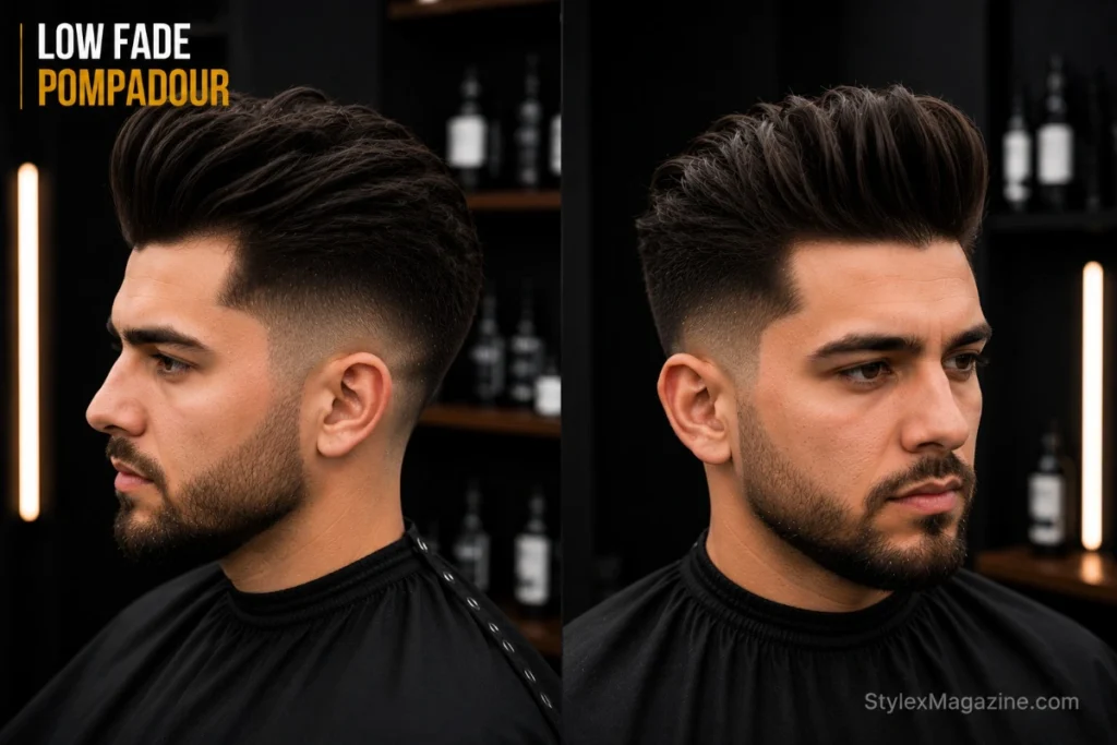 Low fade pompadour showing hair swept back and upward with clear height and volume, clean low fade sides providing contrast