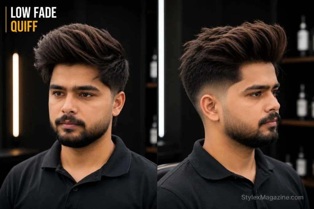 Low fade quiff showing hair pushed forward and up at the front — volume directed forward unlike pompadour which goes backward